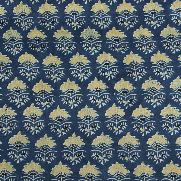Indigo-Yellow Taaj Butti Ajrakh Modal Silk Natural Dyed Block Print Fabric