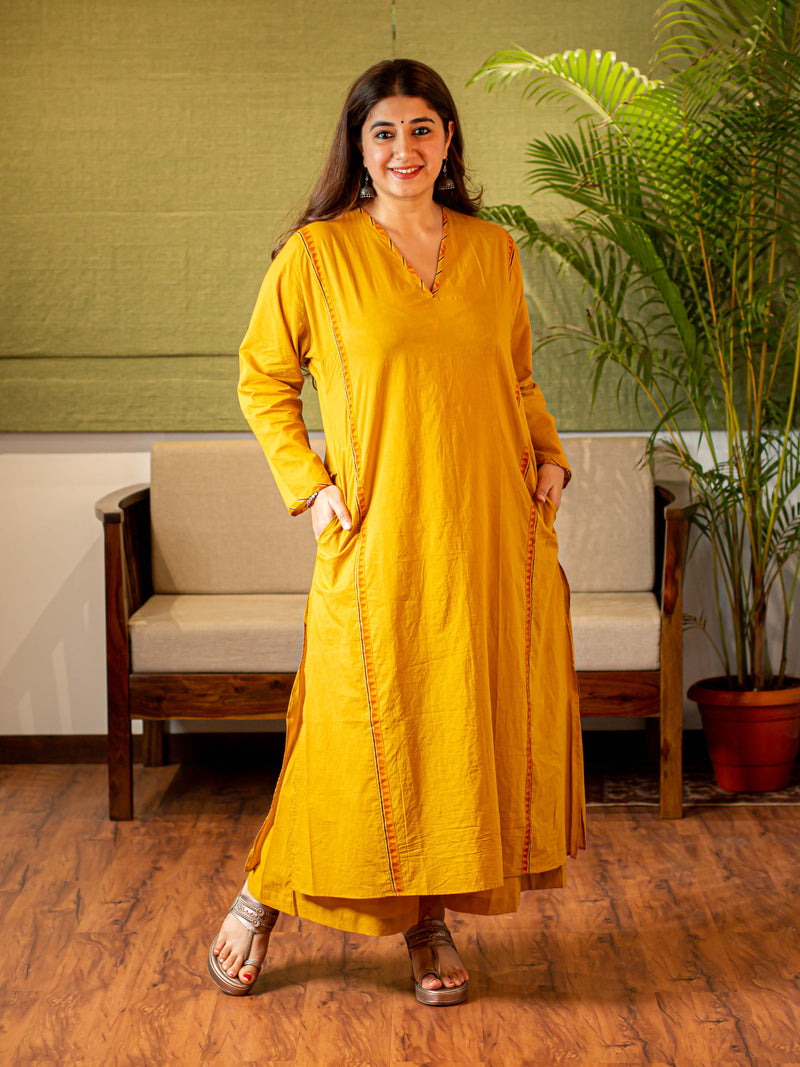 Anam Yellow Jhabbha Kali Mul Cotton Kurta Set | Relove
