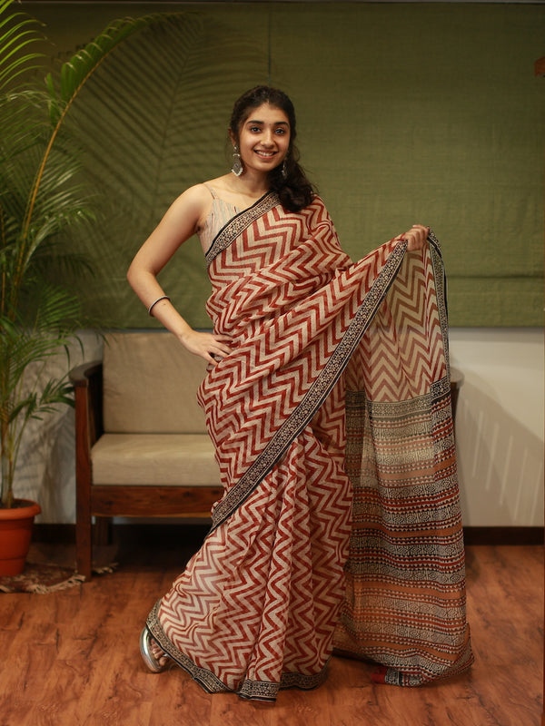 Blue and Dark-red Bagru Printed mul-cotton saree – Shilphaat.com