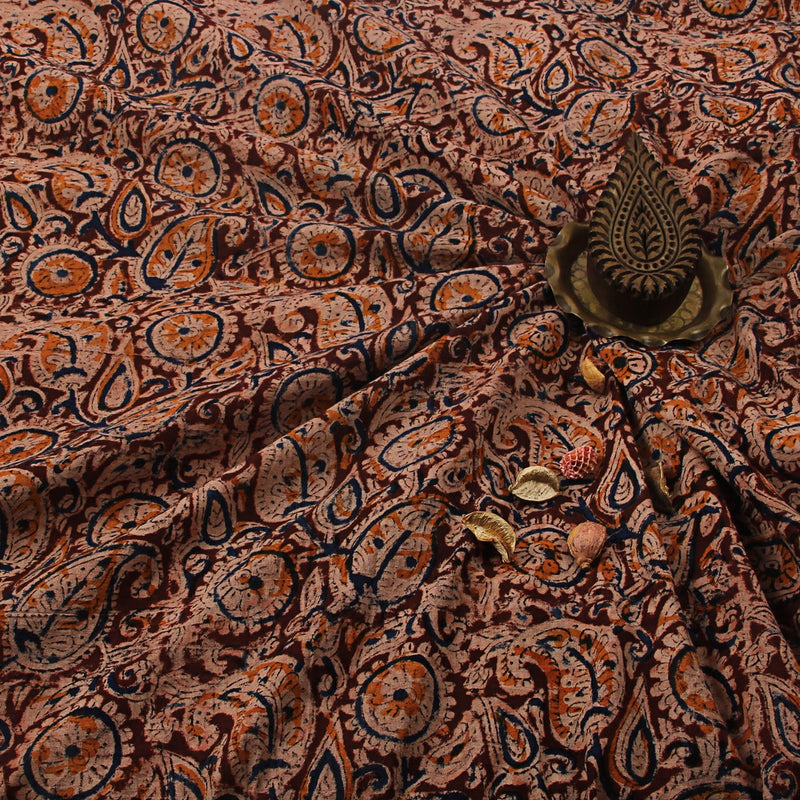 Brown Phool Jaal Kalamkari Hand Block Printed Cotton Fabric