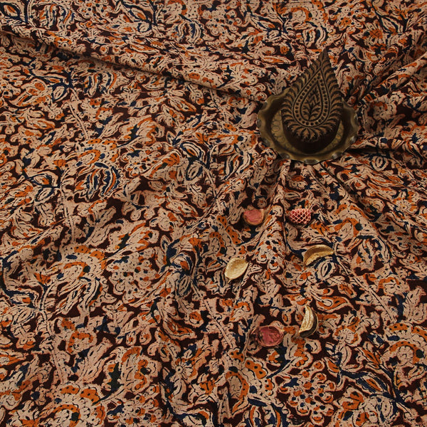 Brown Floral Kalamkari Hand Block Printed Cotton Fabric