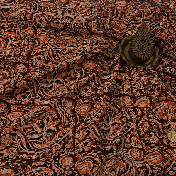 Brown & Yellow Leafy Jaal Kalamkari Hand Block Printed Cotton Fabric