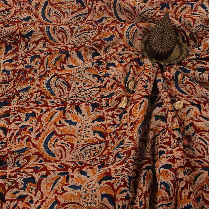 Red & Yellow Apricot Floral Kalamkari Hand Block Printed Cotton Fabric