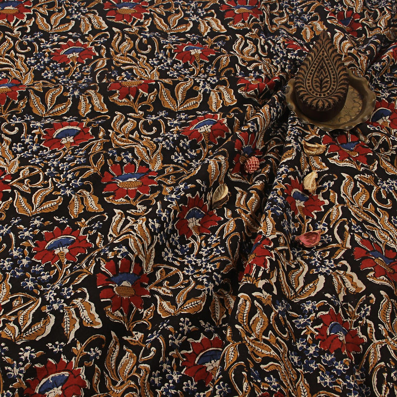 Black & Red Flower Kalamkari Hand Block Printed Cotton Fabric