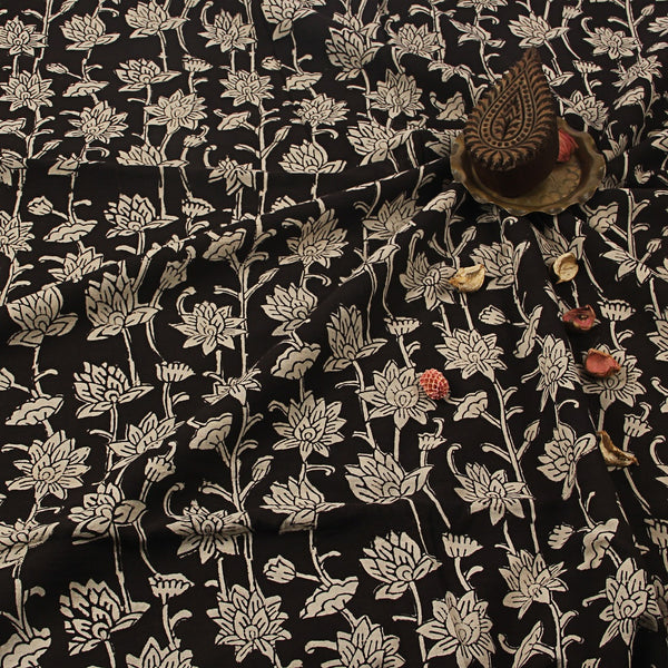 Bagru Black Lily Hand Block Printed Cotton Fabric
