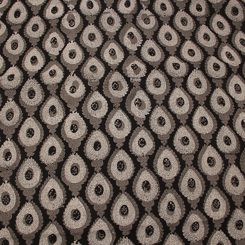 Black Paisley Jaal Jahota Hand Block Printed Cotton Fabric
