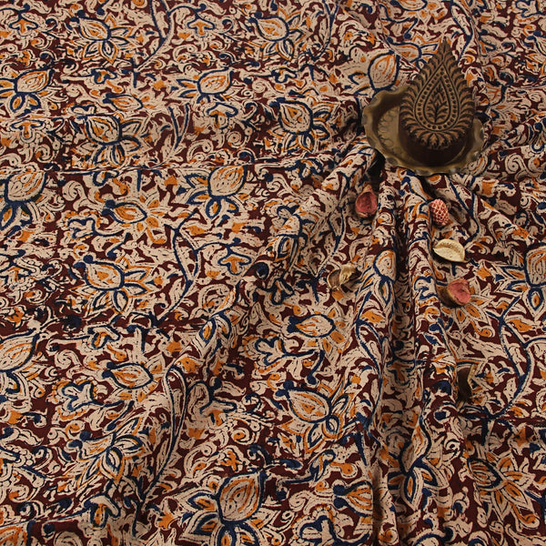 Brown Daisy Floral Jaal Kalamkari Hand Block Printed Cotton Fabric