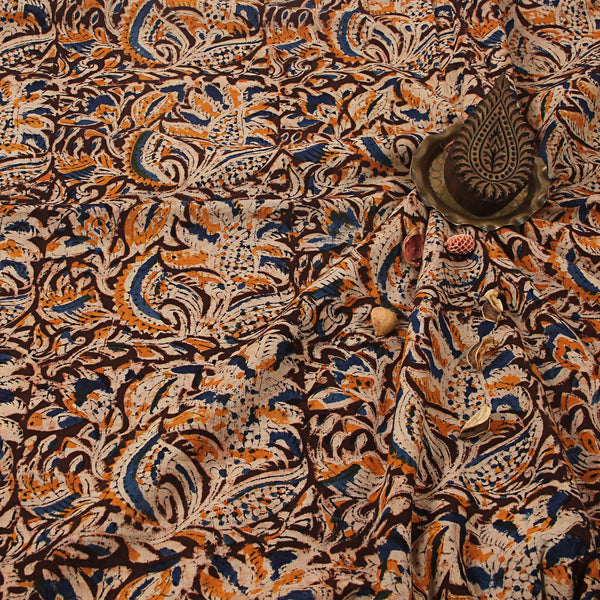 Brown & Yellow Apricot Floral Kalamkari Hand Block Printed Cotton Fabric