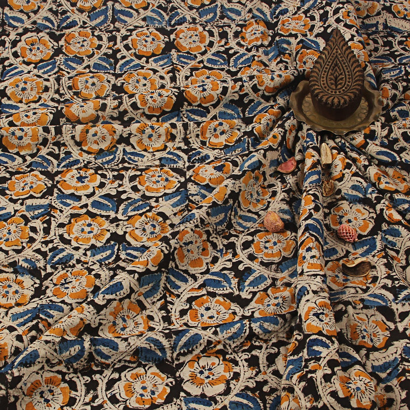 Black & Yellow Poppy Kalamkari Hand Block Printed Cotton Fabric