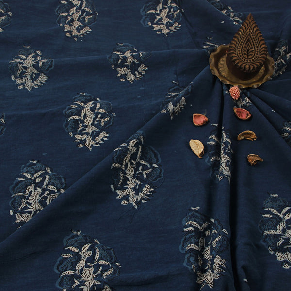 Indigo Flower Bunch Jahota Hand Block Printed Cotton Fabric