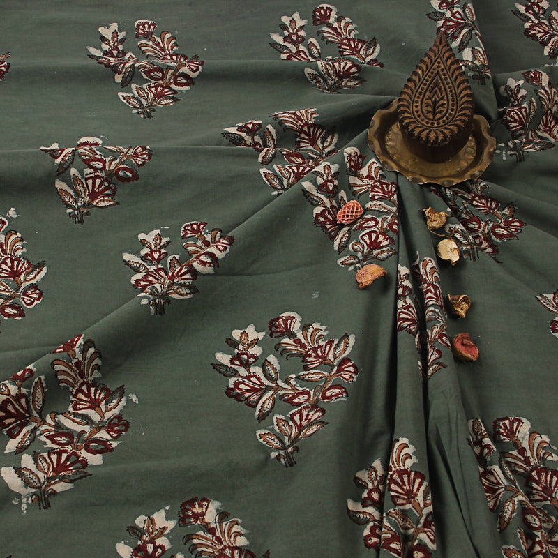 Green & Red Phool Bunch Jahota Hand Block Printed Cotton Fabric