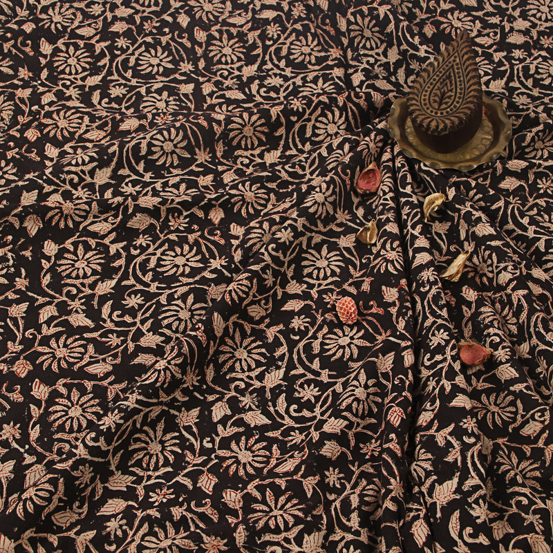 Black Bagru Floral Hand Block Printed Cotton Fabric