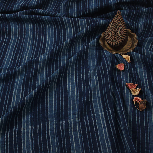 Indigo Stripes Dabu Hand Block Printed Slub Cotton Fabric