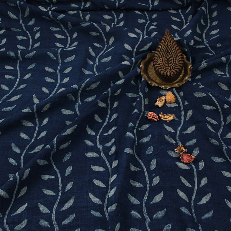 Indigo Leafy Border Dabu Hand Block Printed Slub Cotton Fabric