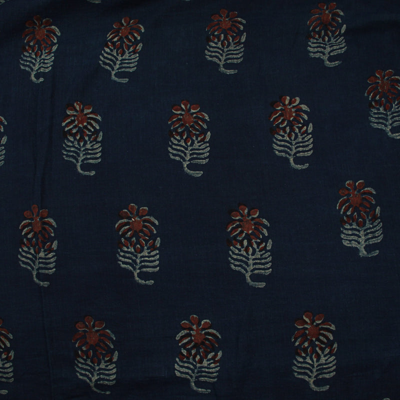 Indigo Aster Dabu Hand Block Printed Slub Cotton Fabric