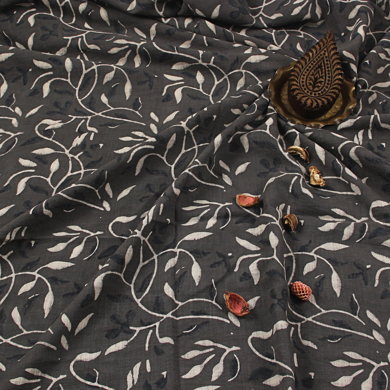 Grey Leafy Jaal Dabu Hand Block Printed Slub Cotton Fabric