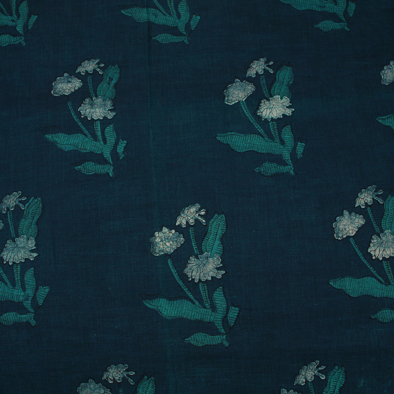 Emerald Iris Butta Dabu Hand Block Printed Slub Cotton Fabric
