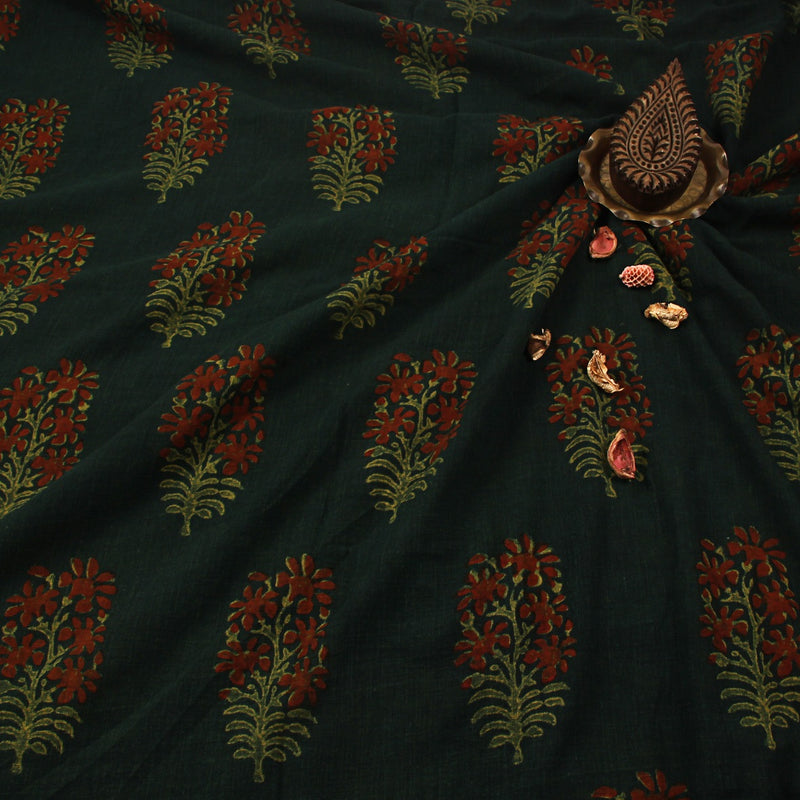 Green Red Flower Bunch Dabu Hand Block Printed Slub Cotton Fabric