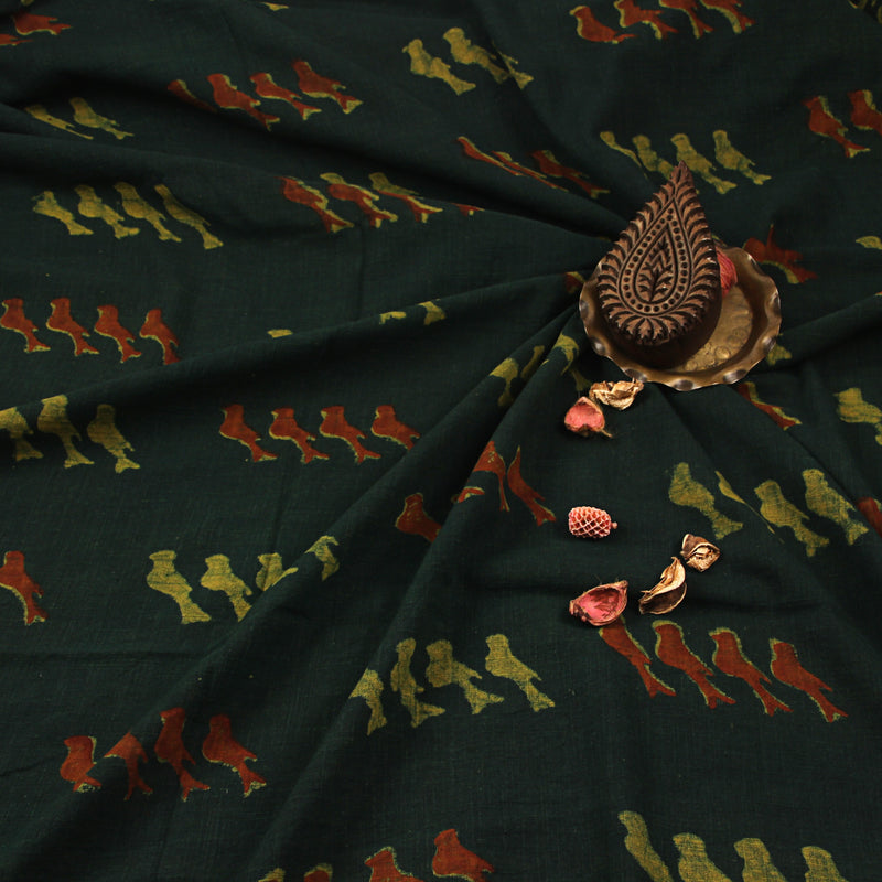 Green Birds Dabu Hand Block Printed Slub Cotton Fabric