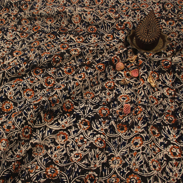 Black Floral Jaal Kalamkari Hand Block Printed Cotton Fabric