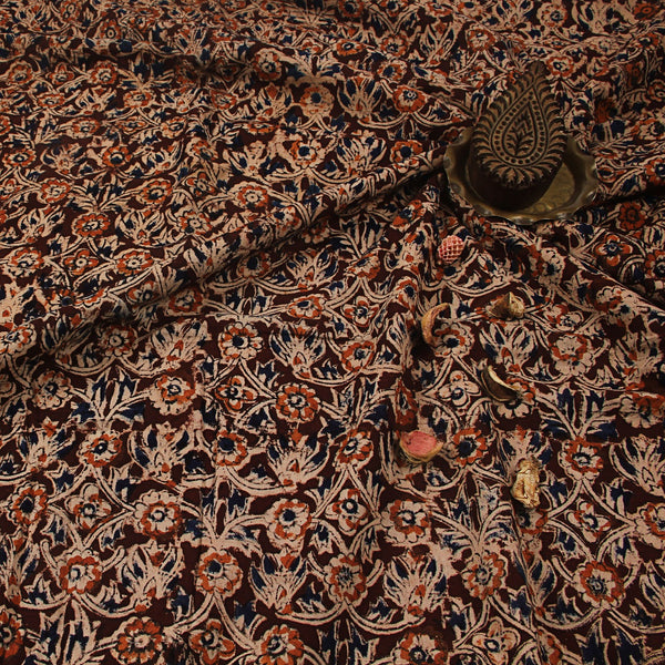 Brown Floral Jaal Kalamkari Hand Block Printed Cotton Fabric