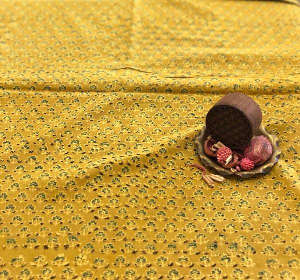Mustard Choti Butti Ajrakh Hand Block Printed Cotton Fabric