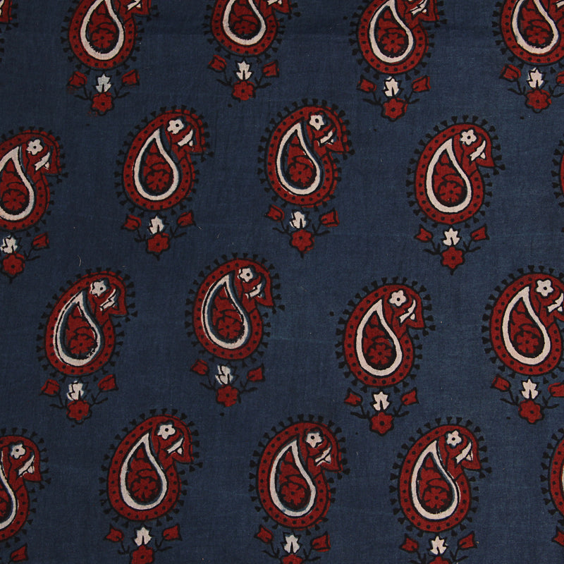 Natural Dyed Indigo - Red Paisley Ajrakh Cotton Fabric