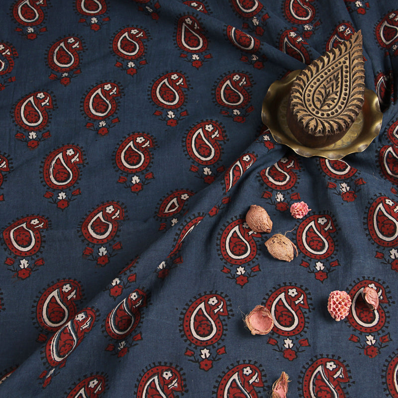 Natural Dyed Indigo - Red Paisley Ajrakh Cotton Fabric