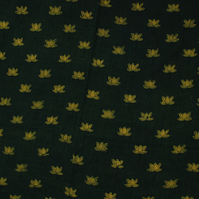 Green Lotus Dabu Hand Block Printed Slub Cotton Fabric
