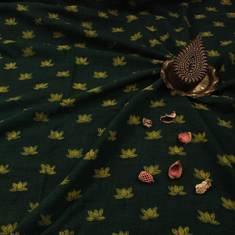 Green Lotus Dabu Hand Block Printed Slub Cotton Fabric