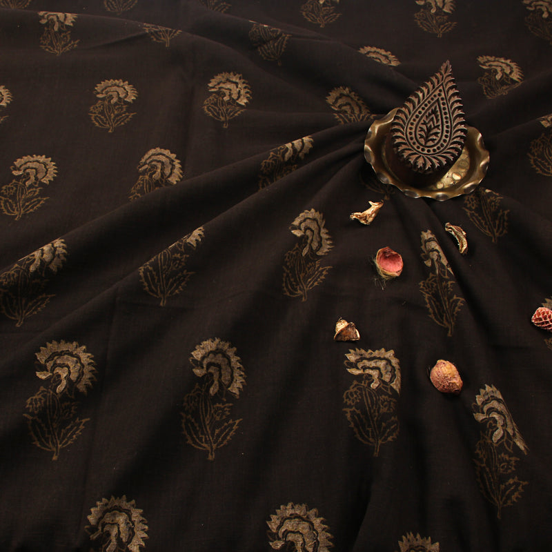 Coffee Marigold Dabu Hand Block Printed Slub Cotton Fabric