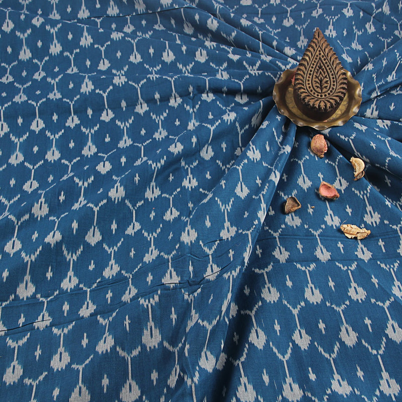 Sapphire Blue Ikkat Handwoven Cotton Fabric
