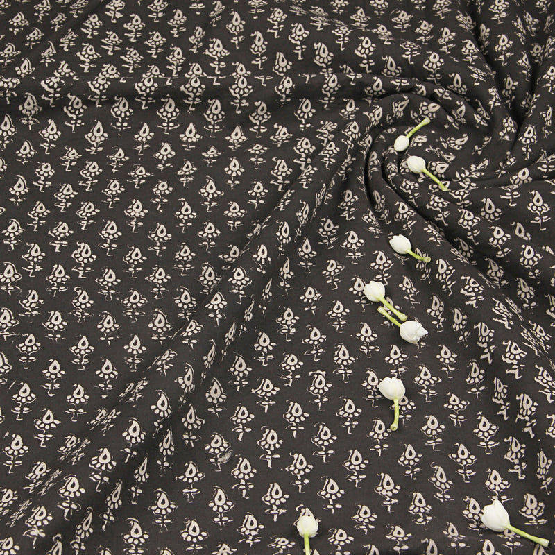 Black Bagru Butti Hand Block Printed Cotton Fabric