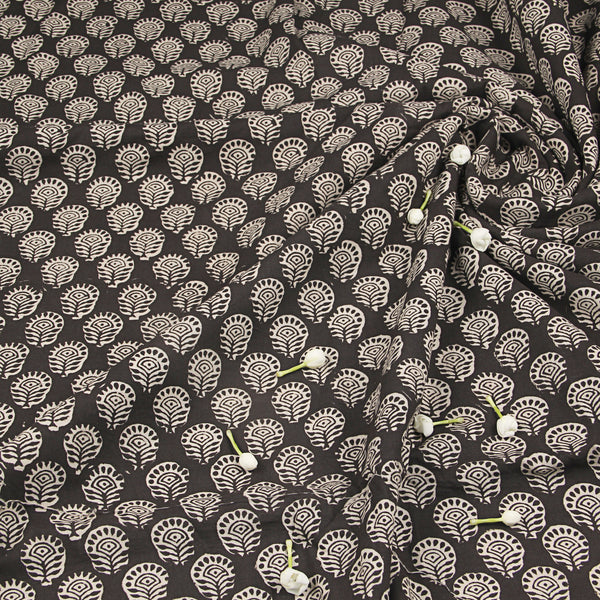 Black Bagru Hand Block Printed Cotton Fabric