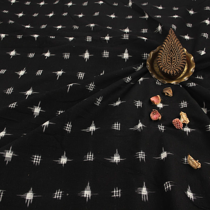 Black White Checks Pattern Double Ikkat Handwoven Cotton Fabric