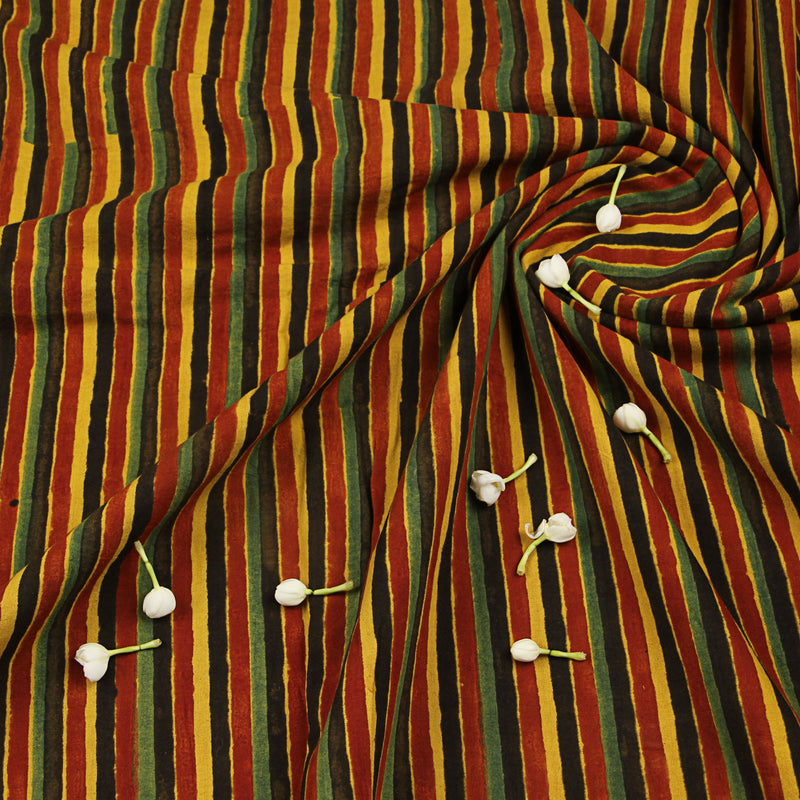 Natural Dyed Multicolor Stripes Ajrakh Hand Block Printed Cotton Fabric