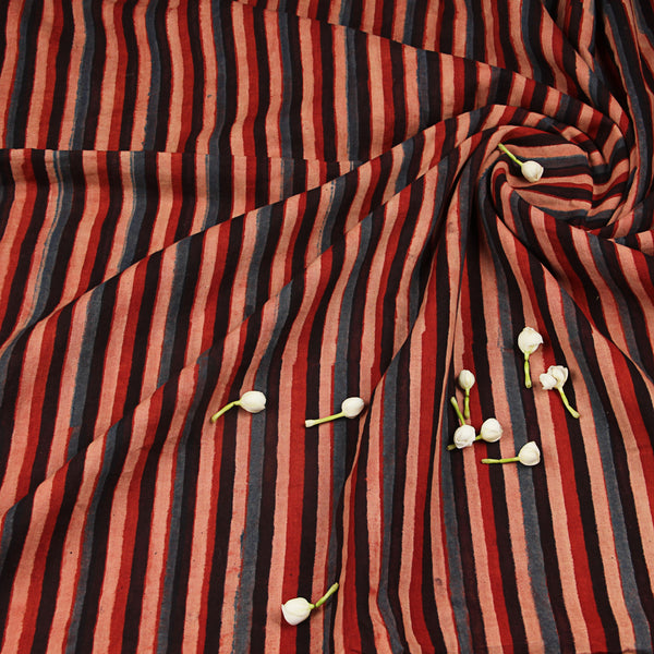 Natural Dyed Red - Blue Stripes Ajrakh Cotton Fabric