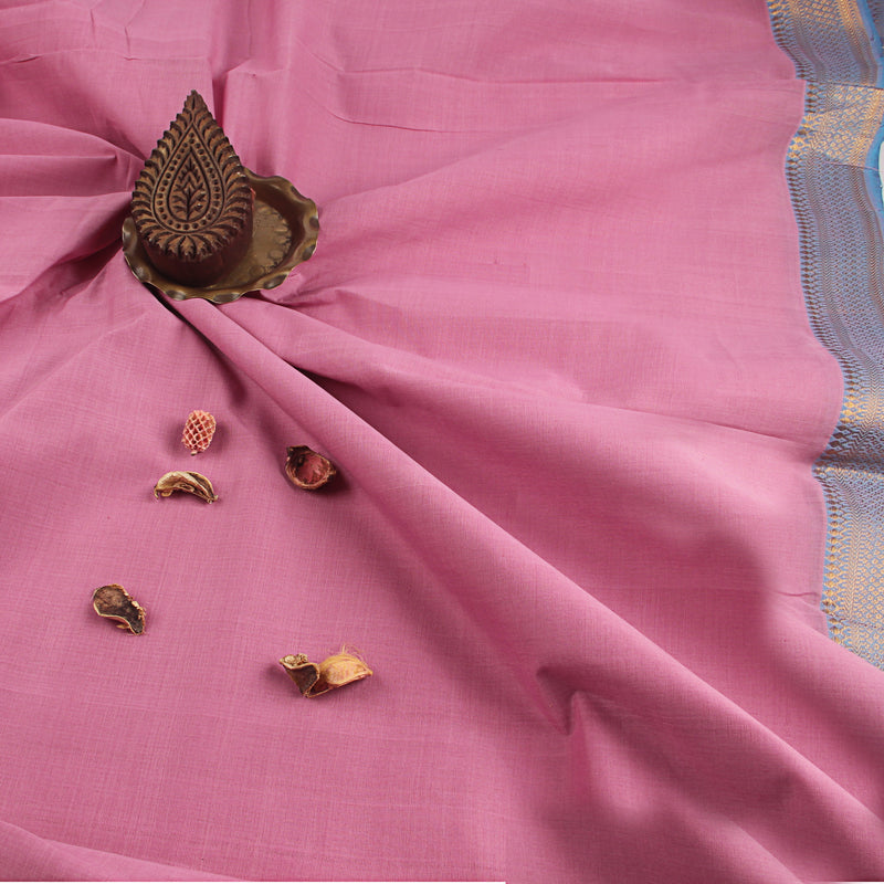 Mangalgiri Soft Berry Pink Nizam Border Plain Cotton Fabric