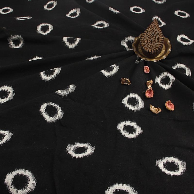 White Ring & Black Double Ikkat Handwoven Cotton Fabric
