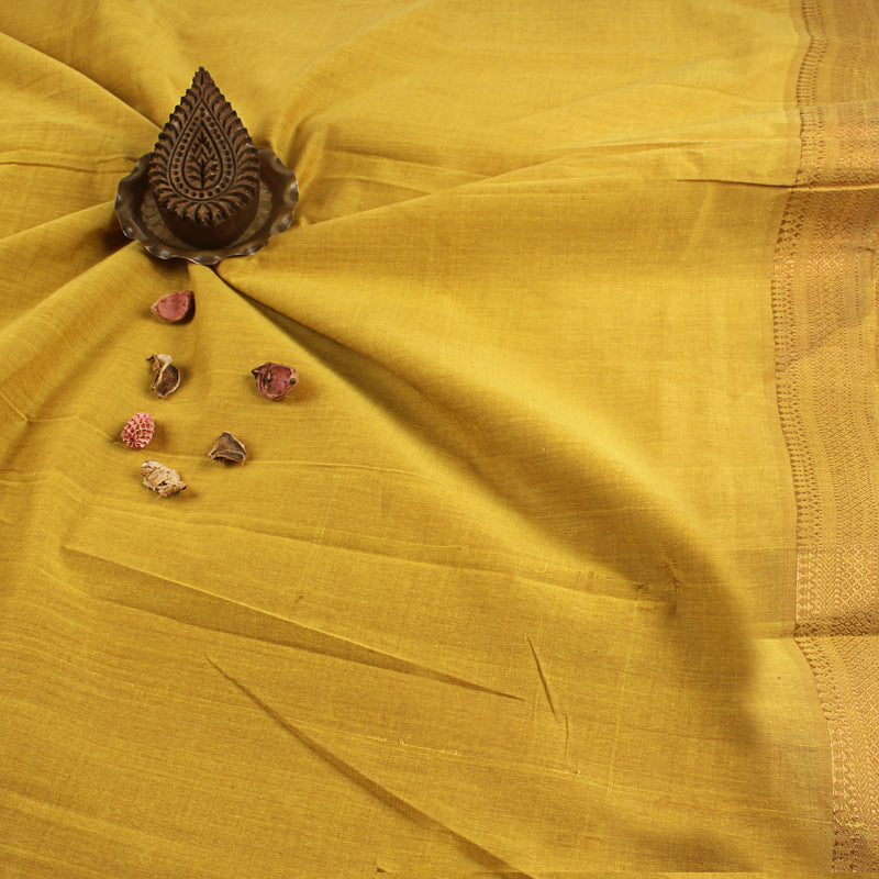 Mangalgiri Orange Gold Nizam Border Plain Cotton Fabric