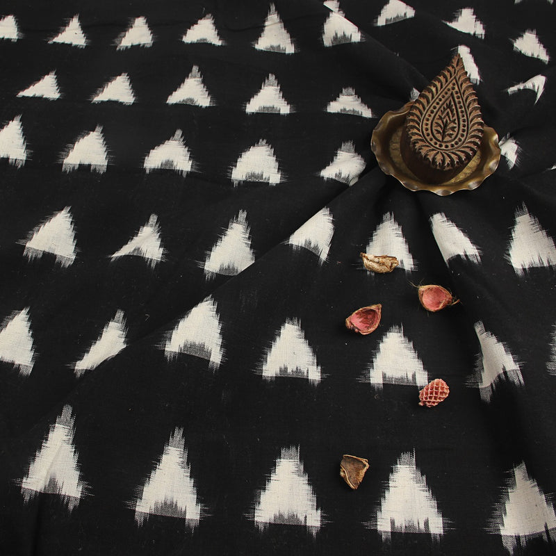 Black And White Triangle Pattern Double Ikkat Handwoven Cotton Fabric