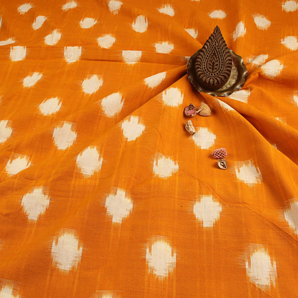 Marigold Yellow And White Double Ikkat Handwoven Cotton Fabric