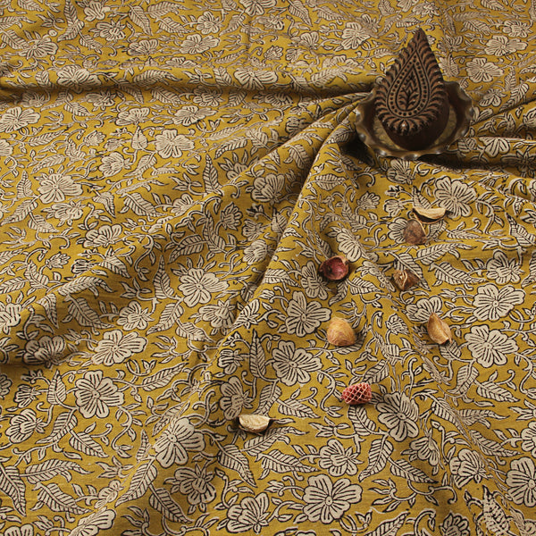 Yellow Lily Phool Jaal Handblock Print Fabric