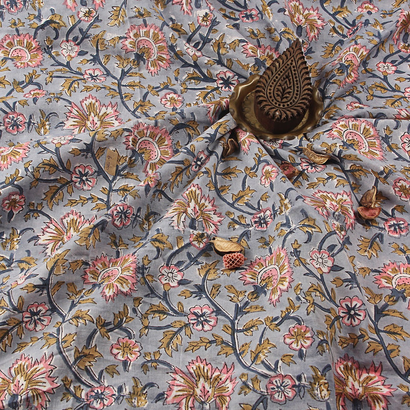 Grey Pink Phool Jaal Sanganeri Handblock Print Cotton Fabric