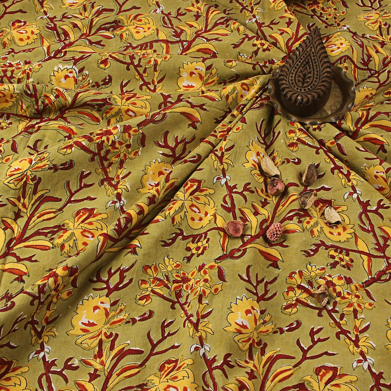 Green Crocus Phool Jaal  Sanganeri Handblock Print Cotton Fabric