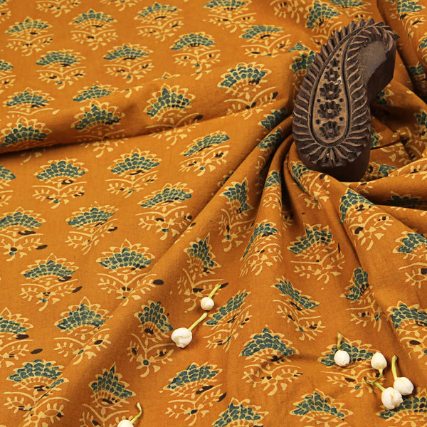 Natural Dyed Yellow Taaj Butti Ajrakh Cotton Fabric