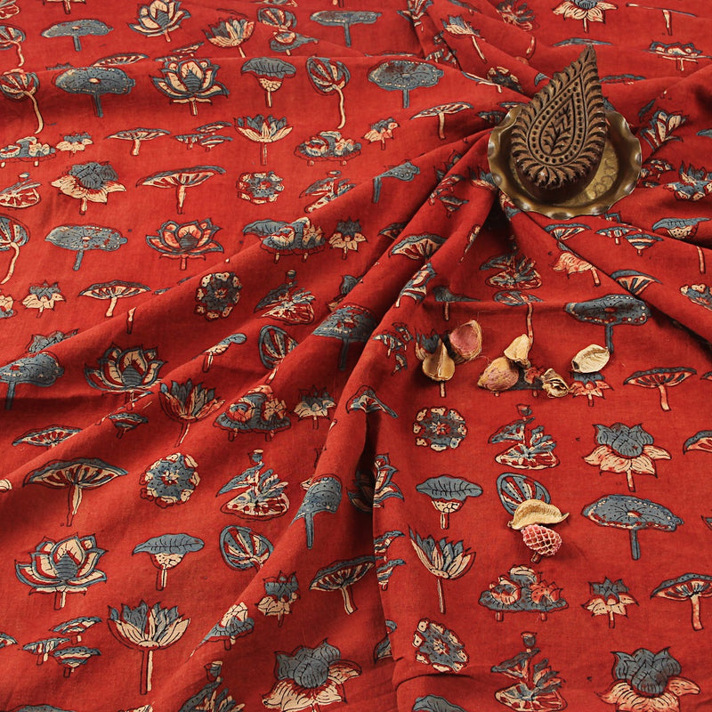 Indigo - Madder Mix Floral Butti Ajrakh Hand Block Printed Cotton Fabric