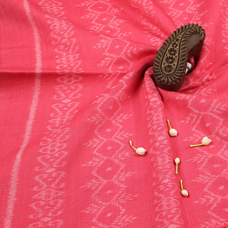 Watermelon Pink With Ancient Print Ikkat Fabric