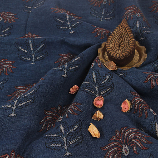 Indigo & Madder Butta Ajrakh Hand Block Printed Linen Fabric