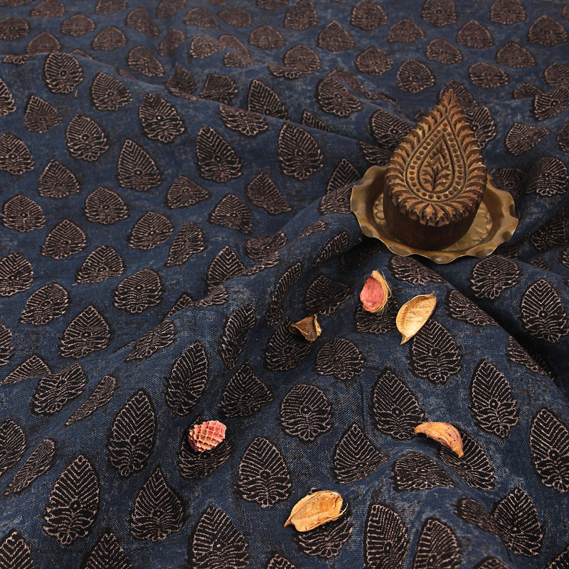 Indigo Black Shrub Butti Ajrakh Hand Block Printed Linen Fabric